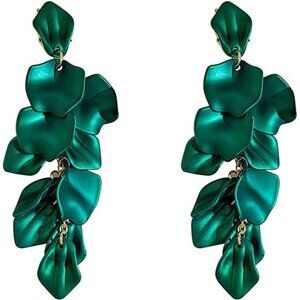 Long Green Acrylic Rose Petal Earrings – Exaggerated Floral Dangle Drop Earrings